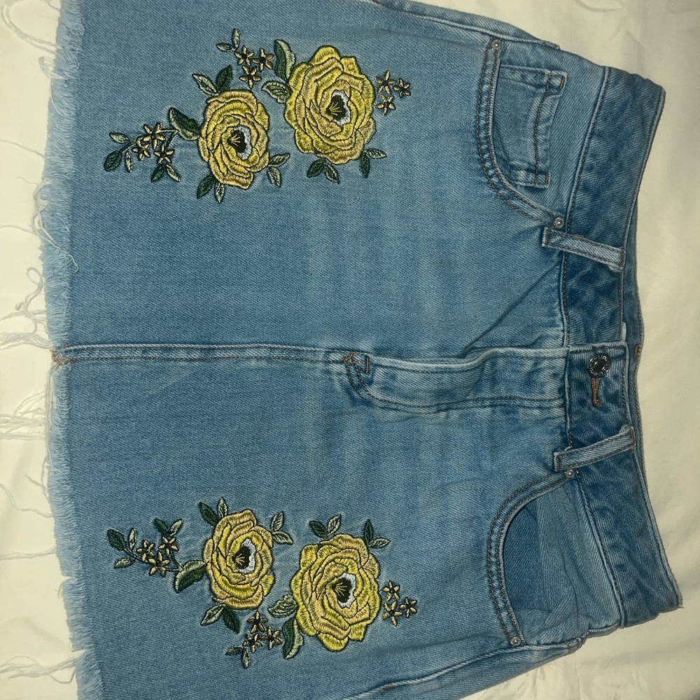 Forever 21 Blue Denim Skirt with Yellow Floral Embroidery
